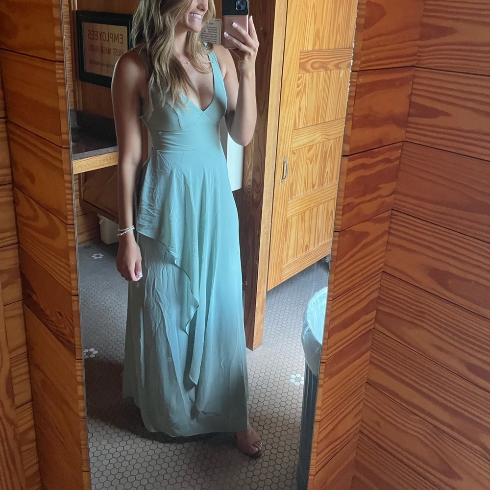 CHIFFON V-NECK TANK BRIDESMAID DRESS WITH CASCADE